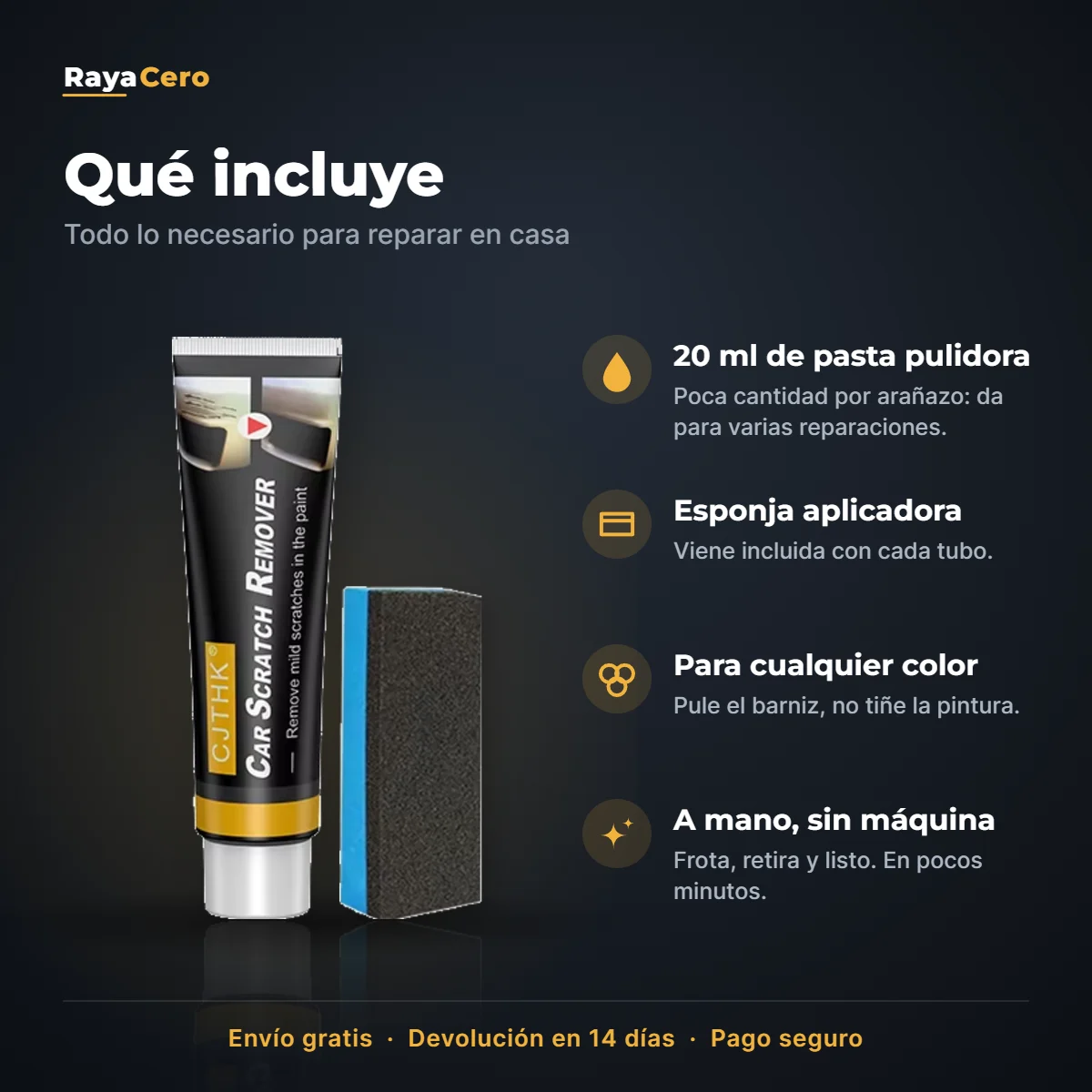 Qué incluye el reparador de arañazos de coche: pasta pulidora de 20 ml y esponja aplicadora